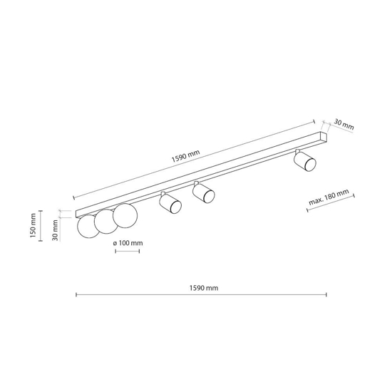 Plafoniera binario 159cm nero con faretti orientabili sfere vetro