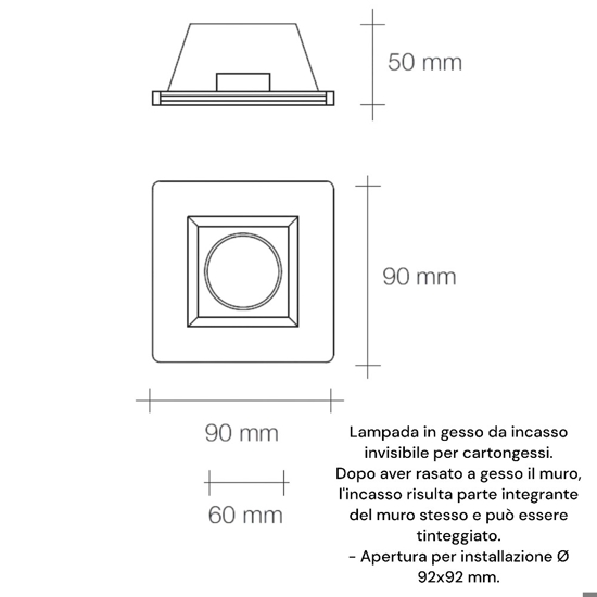 Porta faretto sforzin siris quadrato di gesso da incasso a soffitto