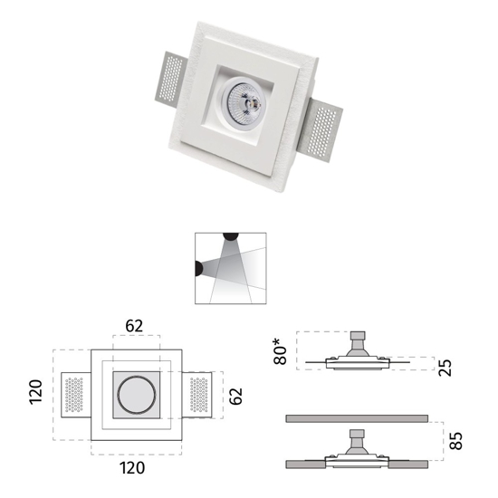 Faretto quadrato da incasso soffitto di gesso cristaly gu10