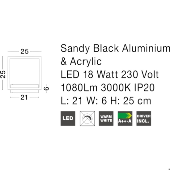 Applique led quadrato 18w 3000k nero moderna design