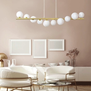 Lampadario design oro moderno sfere vetro bianco per soggiorno