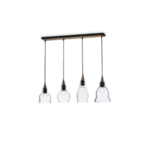 Ideal lux gretel sp4 lampadario vintage per cucina sospensione 4 vetri trasparenti inserti legno