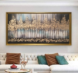 Quadro paesaggio astratto per soggiorno moderno cornice oro 137x70