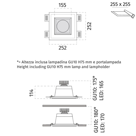 Faro quadrato cristaly gesso da incasso a soffitto 13w 3000k