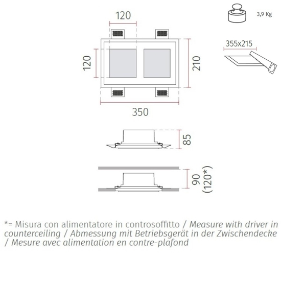 Portafaro di gesso cristaly 2 luci quadrati da incasso a parete soffitto 13.5w 3000k