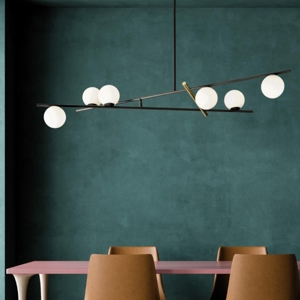 Lampadario soggiorno moderno nero e oro 6 sfere bianche miloox kika