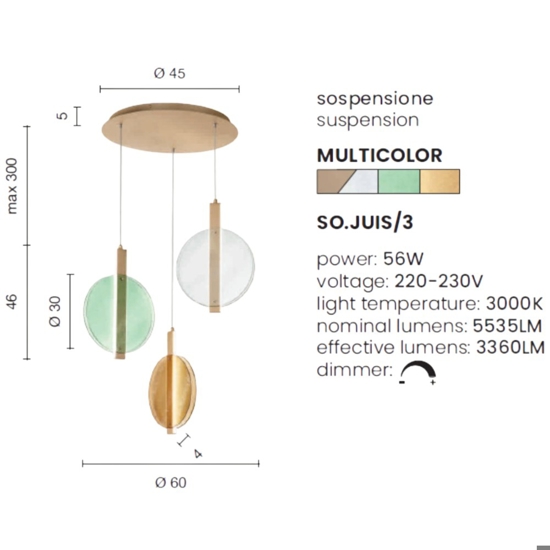 Ondaluce juis lampadario a sospensione led 3 luci multicolor