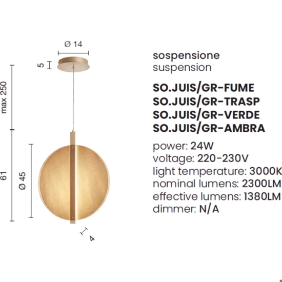 Ondaluce juis gr fume lampada a sospensione vetro led