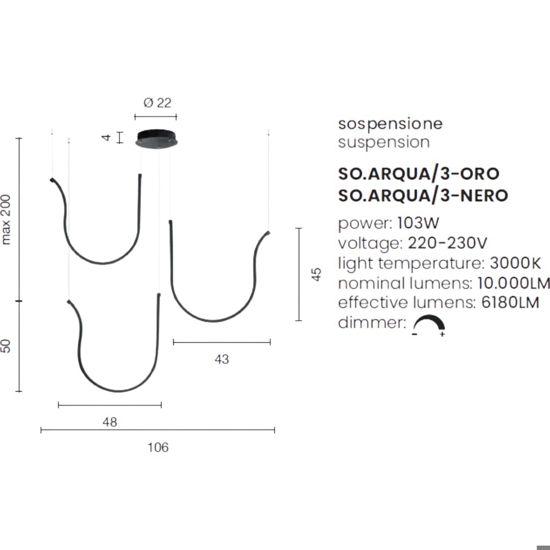 Ondaluce arqua so 3 nero lampadario design moderno led