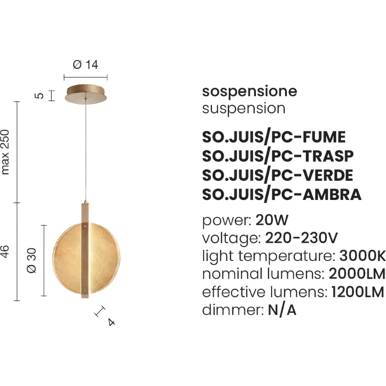 Ondaluce juis pc lampada a sospensione led vetro ambra