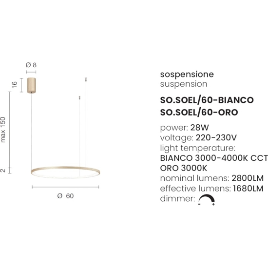 So soel 60 oro ondaluce lampadario moderno cerchio led dimmerabile