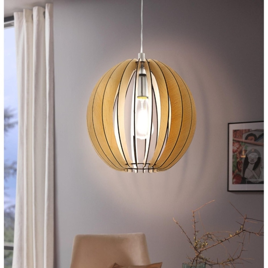 Lampadario moderno design sfera effetto legno