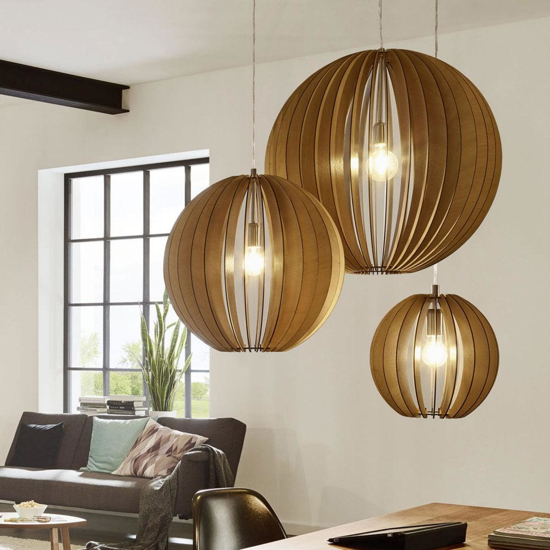 Lampadario moderno design sfera effetto legno