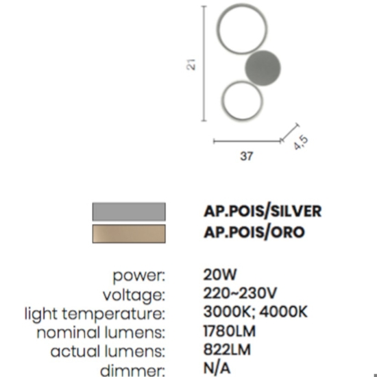 Applique led 3000k ap pois ondaluce silver design moderna