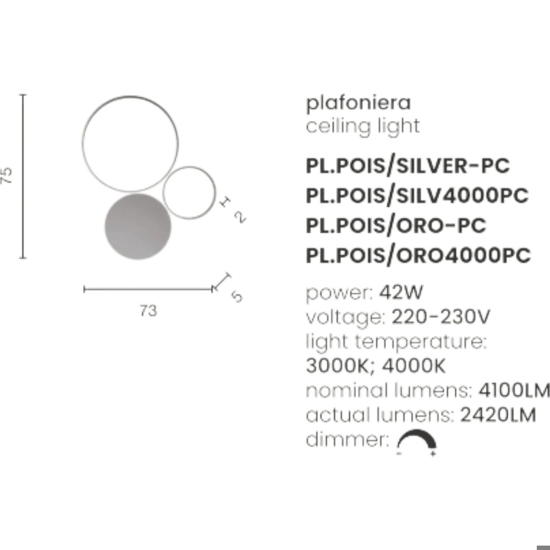 Plafoniera led 42w 3000k ondaluce pl pois silver pc design moderna