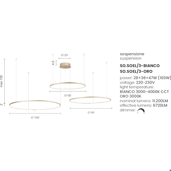 Ondaluce lampadario moderno soel so 3 oro cerchi led