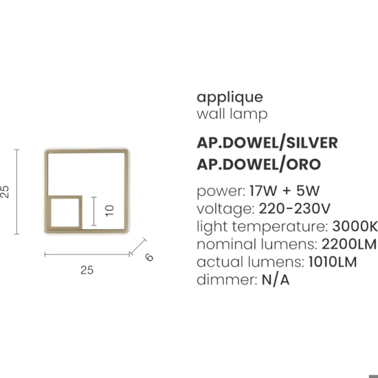 Applique led 3000k ondaluce dowel oro quadrata design moderna