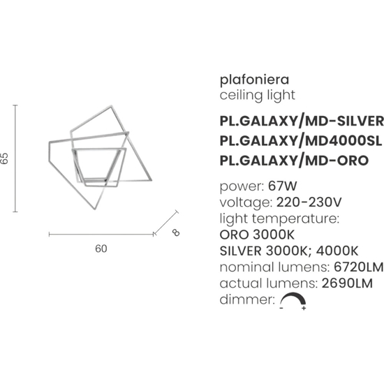 Plafoniera galaxy md silver ondaluce led 67w 3000k moderna