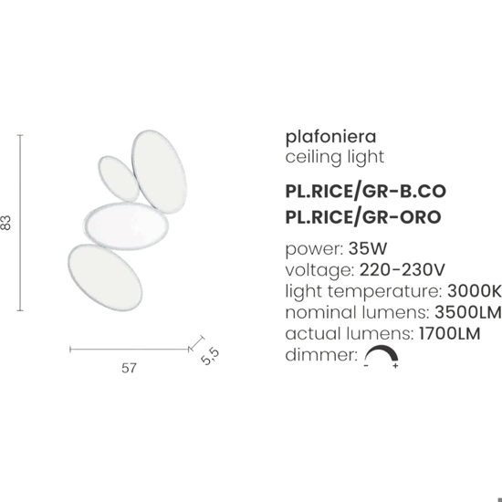 Ondaluce plafoniera bianca rice gr led 35w 3000k design moderna