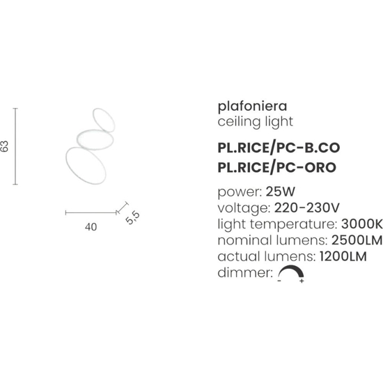 Ondaluce plafoniera bianca rice led 25w 3000k dimmerabile