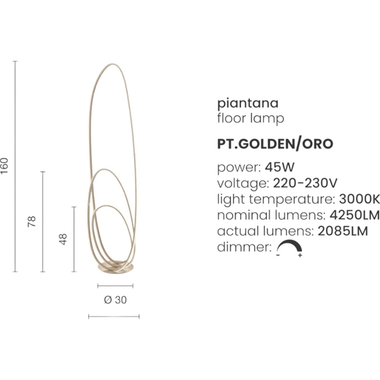 Piantana ondaluce pt golden oro design moderna dimmerabile