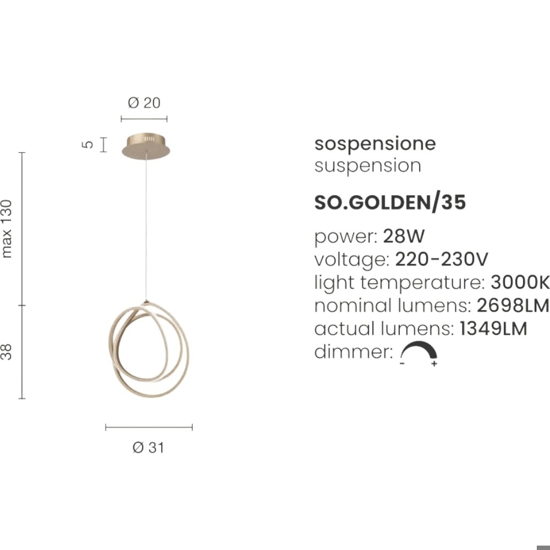 Ondaluce golden so 35 lampadario moderno oro led 28w 3000k