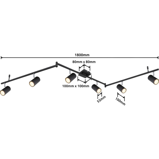 Plafoniera illuminazione a binario led nero con 6 faretti orientabili