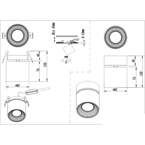 Faretto led da incasso o plafone bianco orientabile