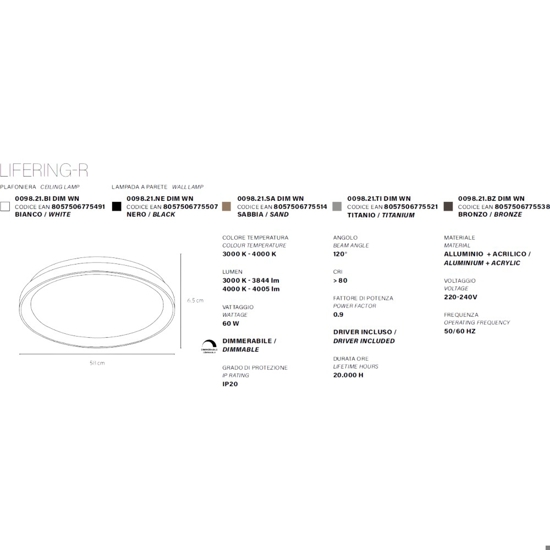 Plafoniera bianca rotonda 60cm led 60w 3000k 4000k dimmerbaile vivida lifering