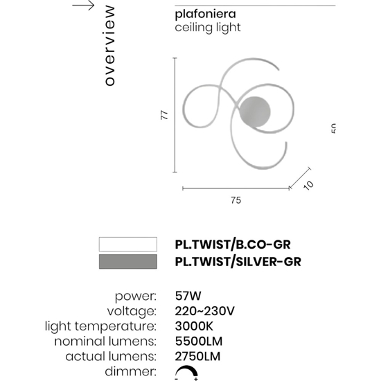 Plafoniera led 57w 3000k twist pl gr ondaluce silver