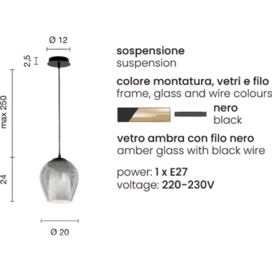 Lampada a sospensione vetro fume so 1 bonnie ondaluce