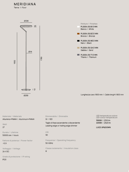 Lampada da terra vivida meridiana bianca led 27w dimmerabile 3000k 4000k