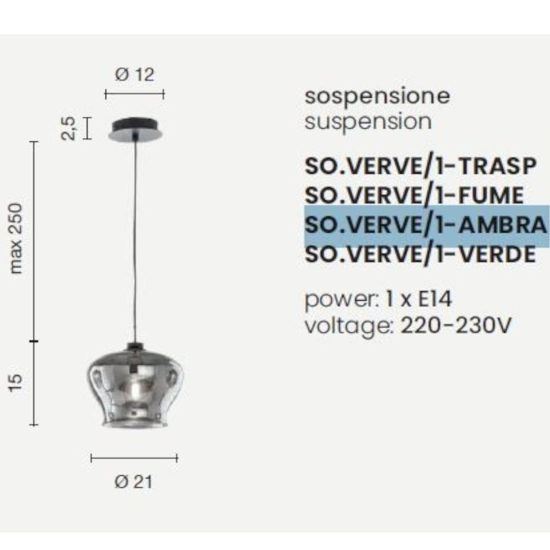 Ondaluce so verve 1 ambra lampada a sospensione vetro