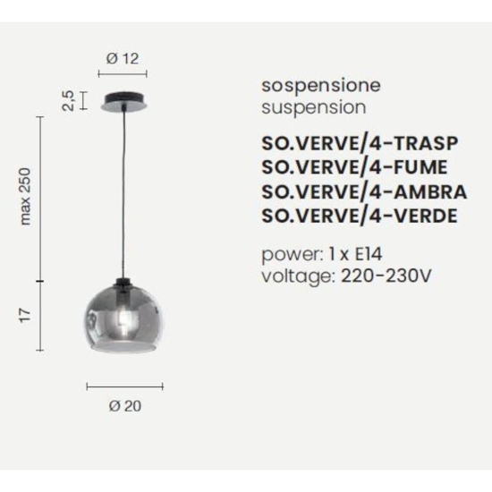 Ondaluce so verve 4 lampada a sospensione sfera vetro fume