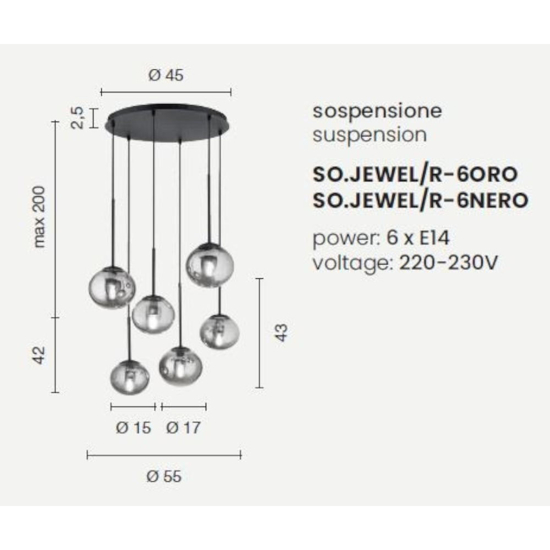 Ondaluce so jewel lampada a sospensione multipla sei sfere oro