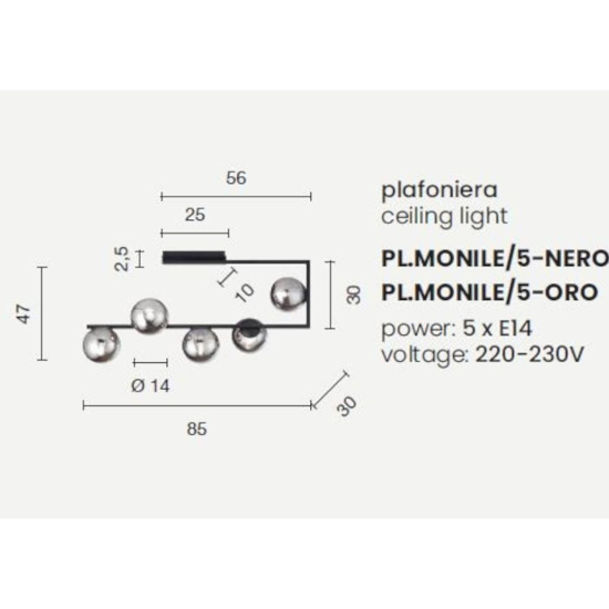 Ondaluce pl monile plafoniera moderna nera 5 luci sfere vetro