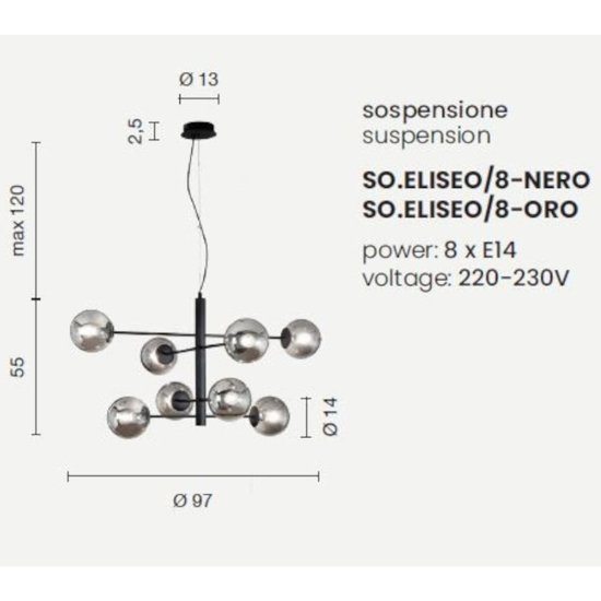 So eliseo lampadario moderno 6 luci oro sfere vetro