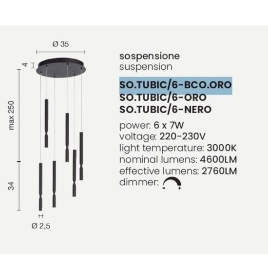 Ondaluce so tubic 6 lampada a sospensione multipla 6 luci led bianco e oro