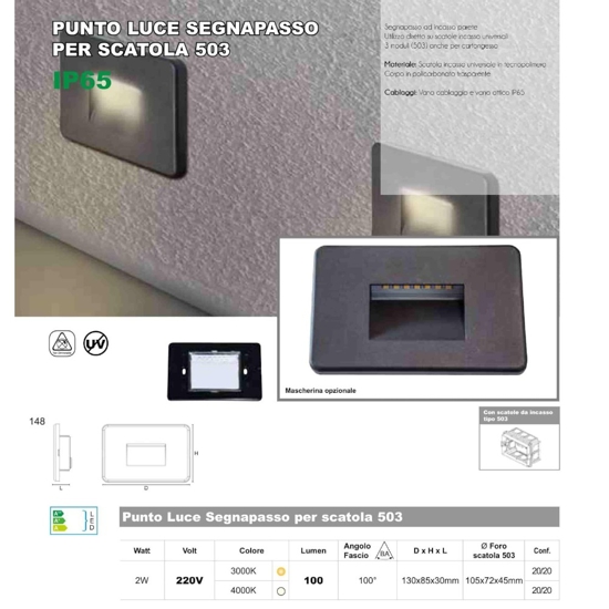 Life segnapasso bianco led da incasso 2w 3000k ip65 per cassetta 503