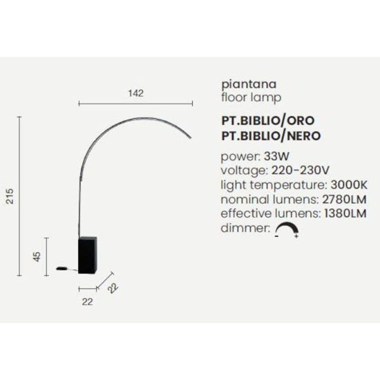 Pt biblio ondaluce piantana ad arco design led 3000k oro dimmerabile