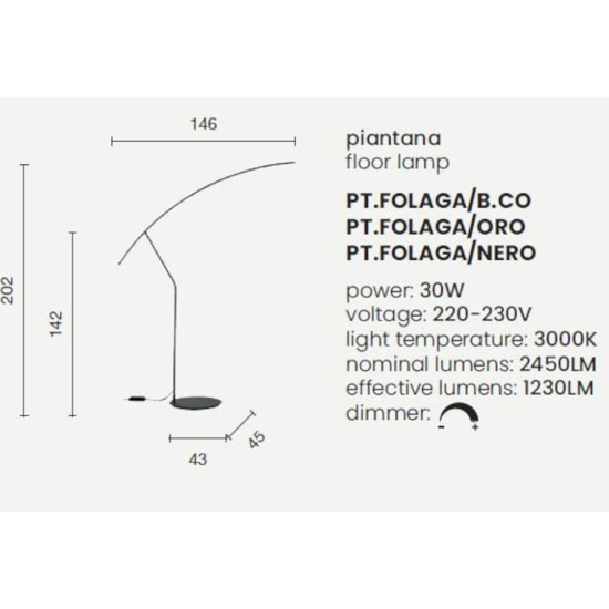 Ondaluce pt folaga lampada da terra ad arco bianco led 3000k dimmerabile