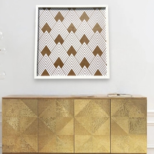 Quadro astratto geometrico 53x53 bianco oro stampa con conirce bianca