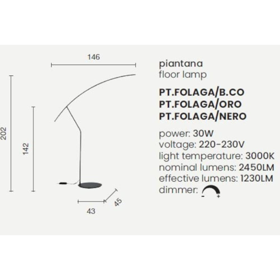 Piantana ad arco pt folaga ondaluce nero led 3000k dimmerabile