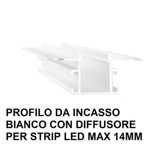 Profilo da incasso soffitto cartongesso bianco 2mt con diffusore per strip led max 14mm