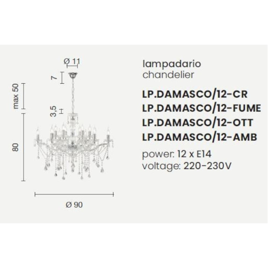 Ondaluce lp damasco lampadario classico 12 luci pendenti cristallo