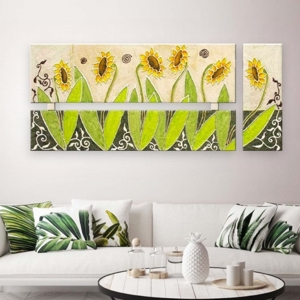 Quadro girasoli per soggiorno moderno giallo oro argento 152x65