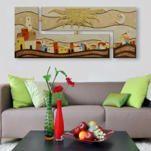 Quadro moderno 155x65 borgo oro decorato artigianale