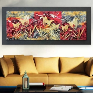 Quadro floreale moderno 155x65 decoro rosso oro