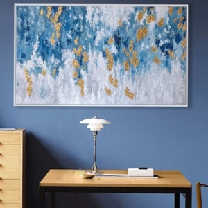 Quadro astratto moderno 122x72 azzurro bianco oro per soggiorno