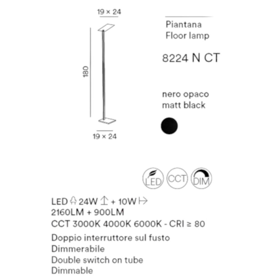 Perenz quadra piantana moderna nera orientabile doppio led cct dimmerabile